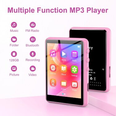 MP3 плеєр SWOFY 128GB Bluetooth 5.3, Рожевий - міні-плеєр з сенсорним екраном 2.4