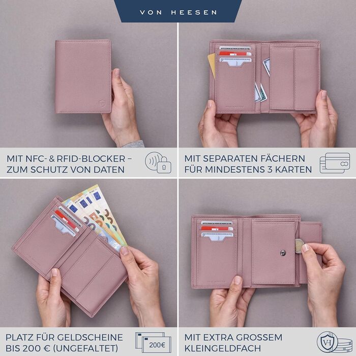 VON HEESEN Leather Wallet RFID Protection | Real Leather Wallet for Women & Men | Portemonnaie, Brieftasche, Wallet, Portmonee (Lavender)