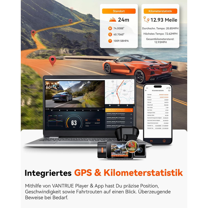 Автомобільний відеореєстратор VANTRUE N2X 2.7K+1080P, подвійна камера, HDR нічне бачення, GPS, Wi-Fi 5ГГц, додаток, голосове керування, 2'' екран, 24/7 паркувальний режим, G-сенсор, до 1ТБ