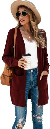 Кардиган жіночий Saodiallsu з довгими рукавами, легкий, однотонний, з кишенею (Вишневий, L)