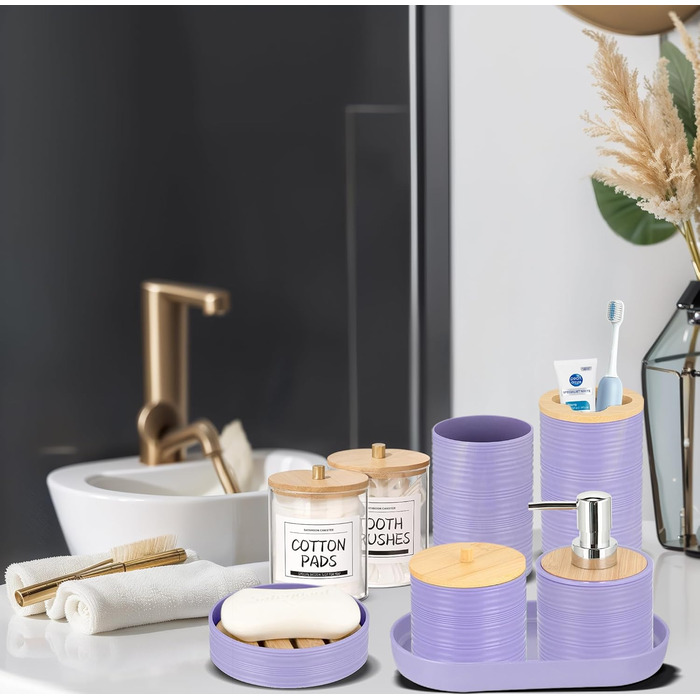 Набір для ванної кімнати IMAVO, 26 предметів: душовий завіс, килимок, смітник, піднос, дозатор мила, мильниця, тримач для зубних щіток, стакан для зубних щіток (фіолетовий, 11 предметів)