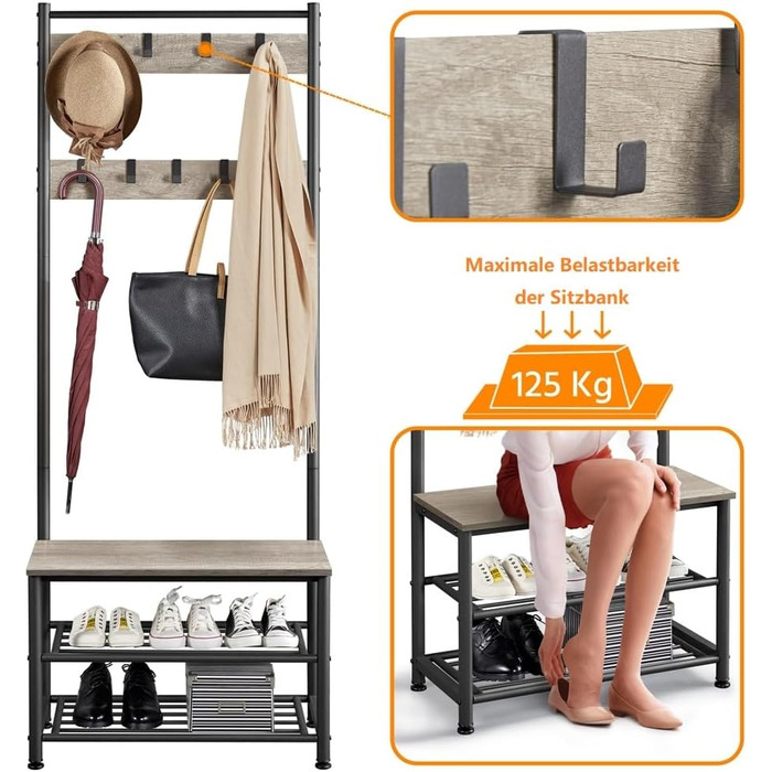 Yaheetech Clothes Rack Wardrobe Clothes Rack with 3 Shelves, Shoe Shelves, Wardrobe Hooks, Height 184.5cm, Width 72.5cm, Depth 33cm, for Bedroom/Dressing Room/Living Room/Storage Room Grey