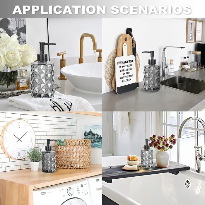 Дозатор мила чорний, скляний дозатор для ванної кімнати, наповнюваний дозатор з нержавіючою сталею, 2 підставки, 330 мл, вінтажний дизайн