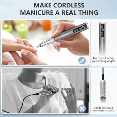 Електрична машинка для манікюру та педикюру Kredioo бездротова, 35000 об/хв з 6 насадками для видалення кутикули, шкарлагу, акрилу та гелю