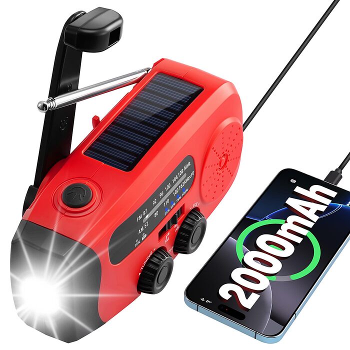 Радіо Kurbel з сонячною батареєю, 2000mAh – аварійне радіо, Power Bank, USB зарядний пристрій, ліхтарик, SOS сигнал для виживання, кемпінгу та надзвичайних ситуацій