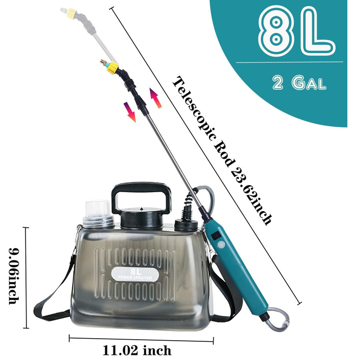 DOUBFIVSY Pressure Sprayer AutoPump, Garden Sprayer Spraying Device with Battery, Electric Plant Sprayer with 3 Nozzles, Telescoping Lance with Visible Battery Level, Transparent Tank (8L)