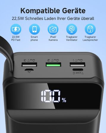 Power Bank 60000mAh 22.5W USB-C PD, Зовнішній акумулятор для смартфонів, планшетів, чорний