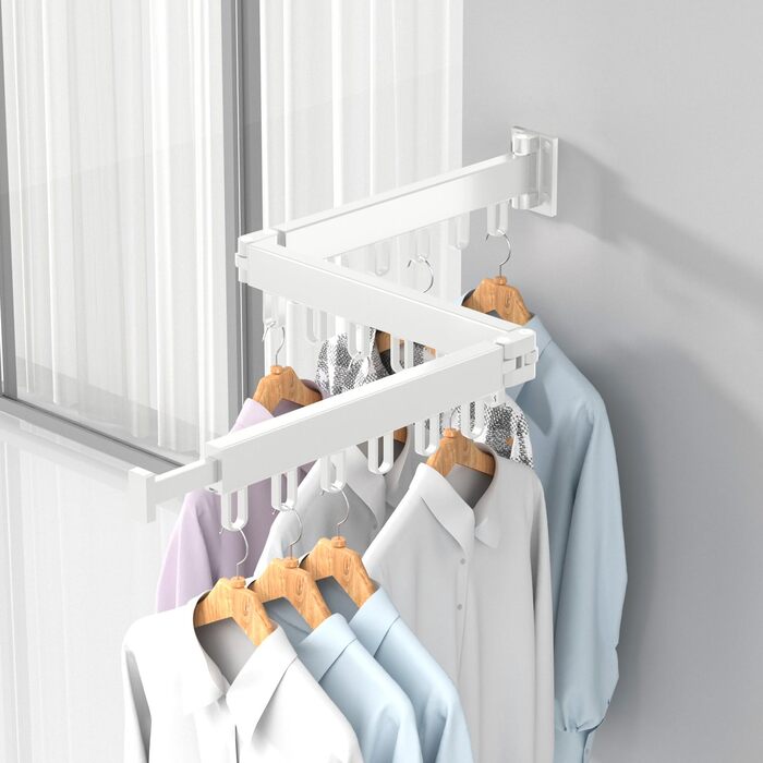Висувна сушарка для білизни на стіну з гачками. Компактна сушарка для балкона, білизни, ванної кімнати, спальні (Біла, 3 складаних секції)