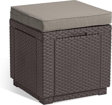 Табурет Allibert Cube з місцем для зберігання, коричневий, подушка, знімна кришка, плоский ротанг, для вулиці, 42x42x39 см