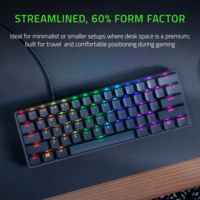 Клавіатура Razer Huntsman Mini (Red Switch) - Компактна ігрова клавіатура 60% (Lineare оптико-механічні перемикачі, Doubleshot PBT-клавіші, знімний USB-C кабель) QWERTZ DE-розкладка | Чорний