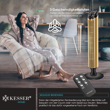 Турбо-вентилятор KESSER® з пультом керування, 90° осциляція, 3 швидкості, 90 см, таймер, золотий | Колонний вентилятор