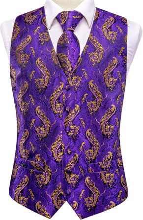 Костюмний жилет з краваткою Hi-Tie для чоловіків. Комплект з краваткою, краваткою-скрепкою та нагрудником. Ідеально для весілля, формальних заходів та смокінгу. Колір: фіолетовий та золотий.