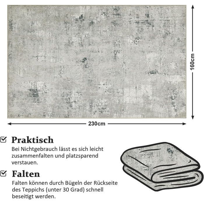 Килим для вітальні блакитний вінтажний меланж розмитий дизайн короткий ворс килими, миючий, неслизький килим для спальні (160x230 см, зелено-сірий)