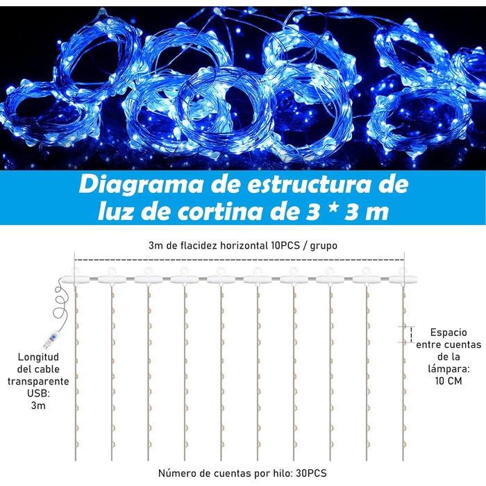 LED штора Anpro 3x3 м, USB, 8 режимів, тепле світло для декору кімнати