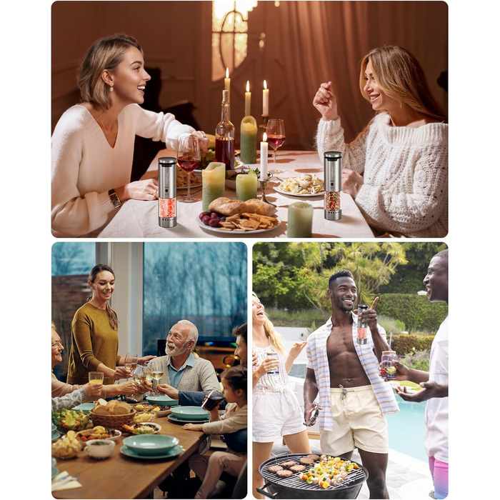 Sangcon Electric Salt and Pepper Grinder Set, 2 Speeds Rechargeable, 6 Externally Adjustable Grind Settings, Automatic Salt and Pepper Grinder Set with Storage Base, One-Hand Operation