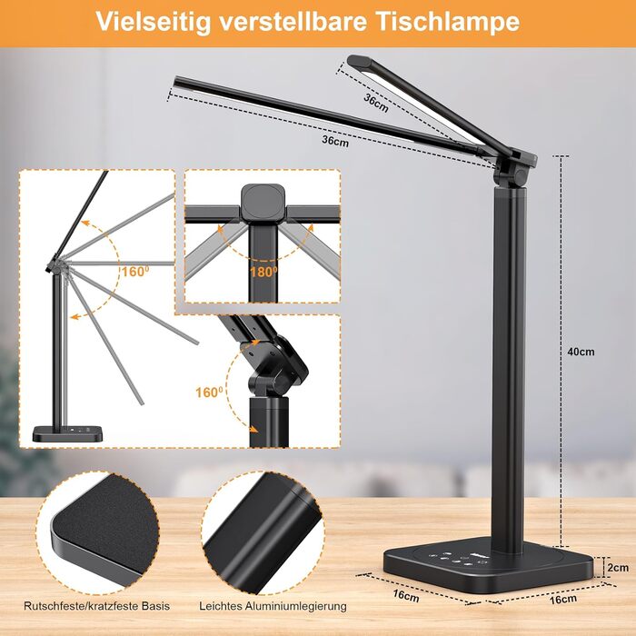 LED лампа настільна Veetop з подвійним світлом, регульована, денне світло, 72 см, шарнірний кріплення, 5 рівнів яскравості, 5 колірних температур, диммування, офісна лампа