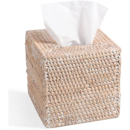 Rattan Cosmetic Tissue Box, 14 x 14 x 14.5 cm, Handwoven Square Tissue Box, Natural Decorative Tissue Box, Tissue Box Dispenser (Square, White)