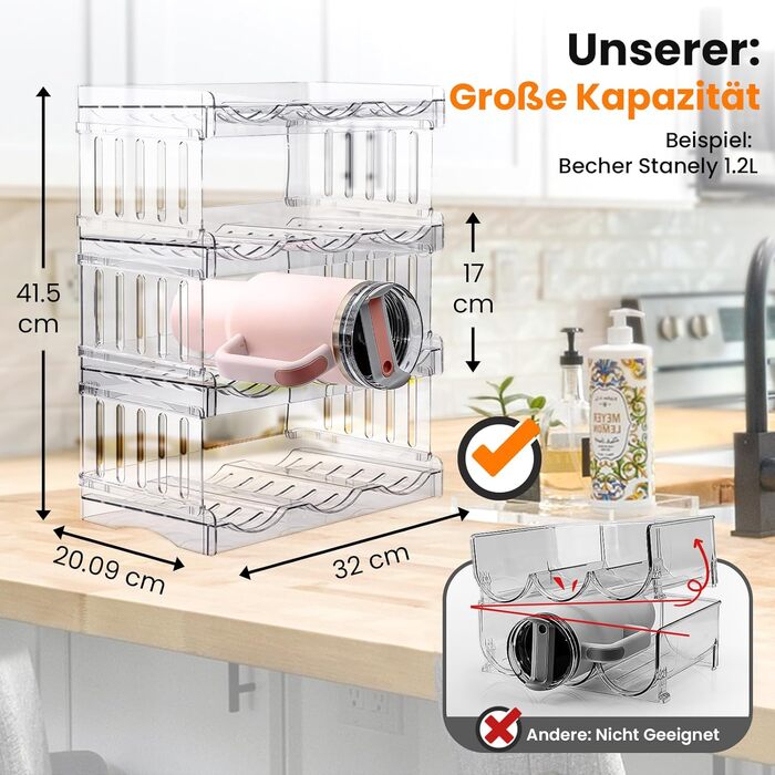 Gracenal Stackable Bottle Rack, Bottle Holder for Kitchen Cabinet, Bottle Organizer, Refrigerator Beverage Organizer, 4 Layers Stanley Cup Accessories for 1.2L Bottles
