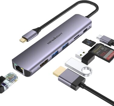 Док-станція для ноутбука Newmight з двома HDMI, підтримка 2 моніторів 4K, Ethernet 1 Gbps, PD 100W, 3 USB 3.0, SD/TF Reader, USB-C, для HP/Dell (сіра)