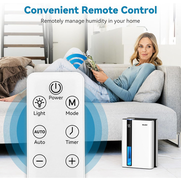 Електричний осушувач повітря Sejoy з пультом дистанційного керування, LED-індикатором вологості, резервуаром 2,5 л, продуктивністю 1000 мл/день, 7-кольоровою підсвіткою, портативний, тихий режим сну 35dB