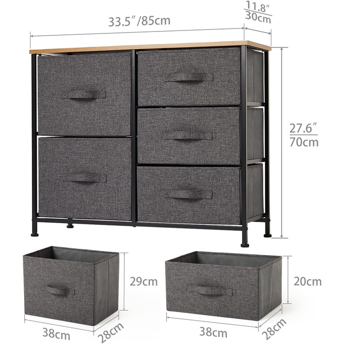 Monter Chest of Drawers, Narrow Chest of Drawers, Cabinet with 5 Large Drawers, Fabric Drawer Organizer, Clothes Storage, Storage Cabinet, 85x30x70cm, Sturdy Metal Frame, Grey