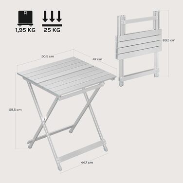 Складний алюмінієвий стіл WOLTU для кемпінгу, саду, балкону - 50.5x59.5x47 см (срібний)