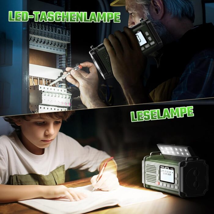 Радіоприймач PRUNUS J-924D: DAB+/UKW, радіоприймач-кринка з акумулятором 10000mAh, Bluetooth, ліхтарик, SOS, зарядка для телефону. Зелений