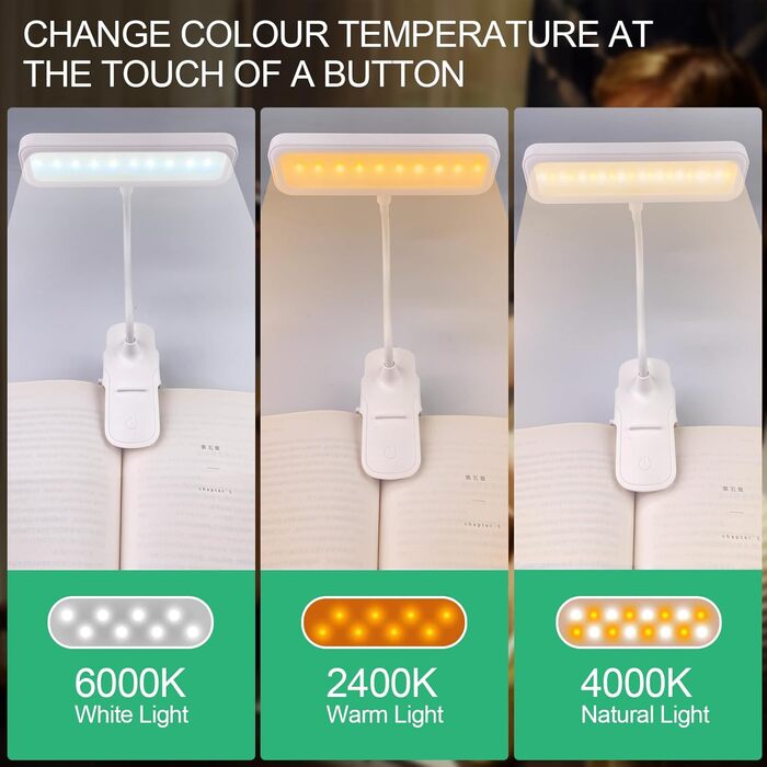 LED-лампа для читання на прищіпці, USB-зарядка, 3 режими кольору, регулювання яскравості, захист очей, 360° гнучка, для читання в ліжку, офісі, в подорожах