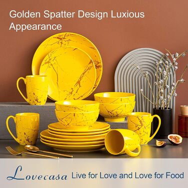 LOVECASA Набір посуду Sweet 16: 16-ти частинний сервіз з золотим декором, жовтий, для 4-12 осіб