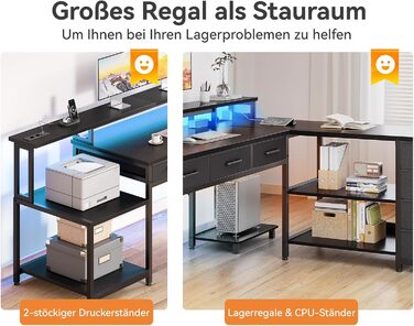 Ігровий стіл Coleshome з 7 висувними ящиками та великим об'ємом зберігання, 199.5×145.5 см, кутовий стіл з RGB LED підсвічуванням, реверсивний L-подібний стіл з 2 розетками, ідеальний для офісу та геймінгу, чорний, 199.5×145.5 см