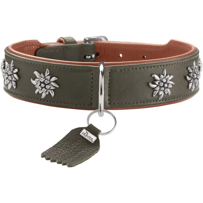 Нашийник для собак HUNTER München, зелений/cognac, шкіряний, з вишуканими деталями, м'який та міцний, не травмує шерсть, розкішний, екологічно чистий, стійкий, Made in Germany, розмір 65