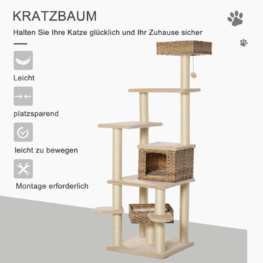 PawHut Дряпка для котів з ротангу, H174 см, XXL котячий комплекс з котячим будиночком, платформами для сидіння, котячою печерею, сизаль, Бежевий+Коричневий | Aosom
