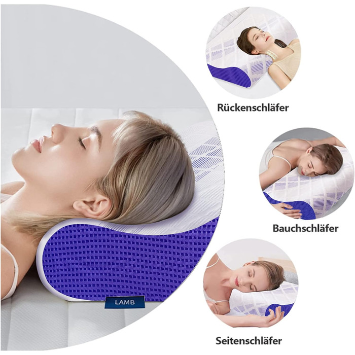 Ергономічна подушка для шиї та голови LAMB з ефектом пам'яті (Memory Foam), регульована висота, для сну на боці, з мийним чохлом, 60x36x12/10 см, синя