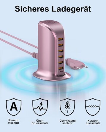 Зарядний пристрій USB багатопортовий 6 портів 25W/50W для iPhone, Samsung, LG, Huawei (Чорний/Рожевий)