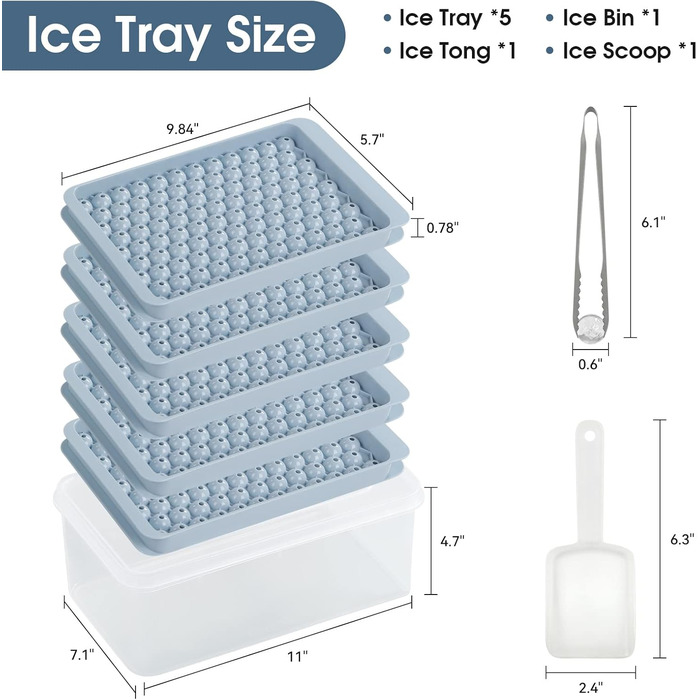 Mini ice cube trays for freezer, 5 pack, small ice cube mold with lid and trash can, 104x5 pieces, tiny crushed ice cube mold, round ice cube mold, coffee juice, Blue