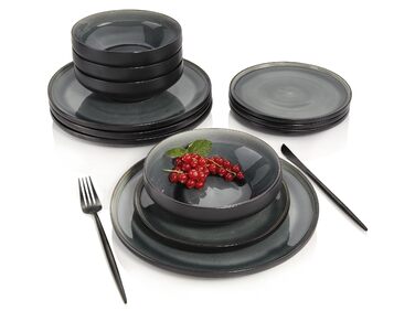 Набір посуду SÄNGER Helsinki 12 предметів: тарілки для їжі, сніданку та супу (4 особи), чорний з сірим акцентом, преміум-якість
