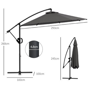 Розтяжний парасоль від Outsunny Ø293 x 260Hcm з ручним механізмом та хрестоподійною основою, вентильоване полотно, регульований нахил, 8 ребер, поліестер сірого кольору