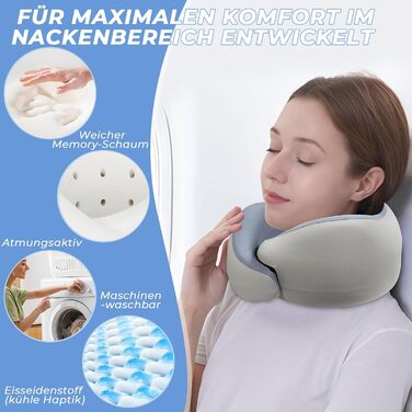 Memory Foam Travel Pillow with Storage Box - Orthopedic Neck Pillow for Airplane, Car, Train - Bluegray Ice Silk