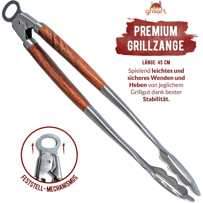 Набір гриль-посуду Grillart® Premium: 3 предмети з нержавіючої сталі та дерев'яними ручками (щипці, лопатка, виделка)