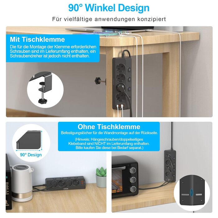 Мережевий адаптер PD 20W з плоским штеплером, розетка FDTEK 4-портова з індивідуальним вимикачем, 4000W, 16A, USB-C, розетка для столу з вимикачем, настільна розетка з кріпленням на стіну, кабель 2м (Чорний з кріпильною пластиною)