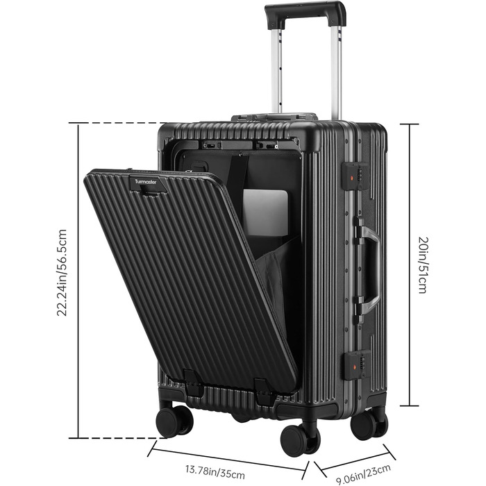 Валіза ручної огляду авіалінії з обертовими колесами, 50 см (20 дюймів), з алюмінієвим каркасом, інтегрованим замком TSA, USB-портом та тримачем для телефону. Білий (Чорний, 61 см (24 дюйми))