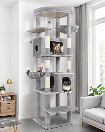 Драбина для котів Globlazer XXL, 188 см, з будиночком, платформами та кошиками. Стабільна, не перекидається, для великих котів, сірий