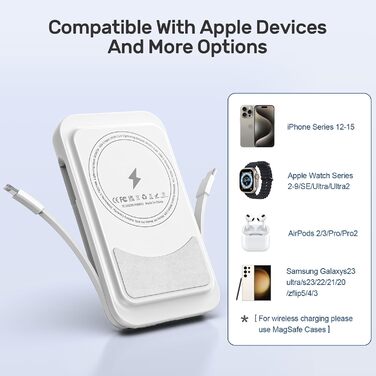 Power Bank 5-в-1 з 2 кабелями, 10000 mAh, магнітна бездротова батарея з кріпленням та підставкою, швидка зарядка, зовнішній акумулятор для iPhone 16/15/14/13, iWatch, подорожі, кемпінг, на вулицю