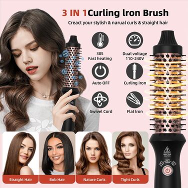 Мультистайлер для волосся 6 в 1 UKLISS Air Styler Set з дифузором, професійний фен-щітка 1000 Вт з LCD-дисплеєм, набір для укладки: локони, об'єм та вирівнювання, колір рожеве золото