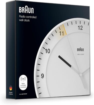 Braun Classic Large Radio Wall Clock, Central European Time Zone (CET/GMT+1) with a quiet movement, easy-to-read dial, 30cm diameter, white model BC17W-DCF.