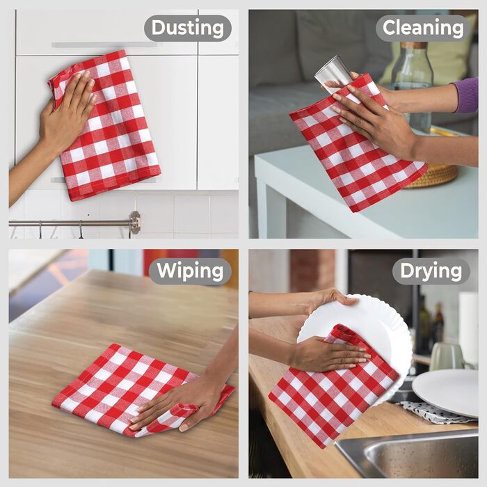 Urban Villa Kitchen Towels, Premium Quality, Dishcloths made from 100% Cotton, Mitered Corners, Ultra-Soft (Size 51x76 cm) Red/White Highly Absorbent Bar and Dish Towels - (Set of 6)