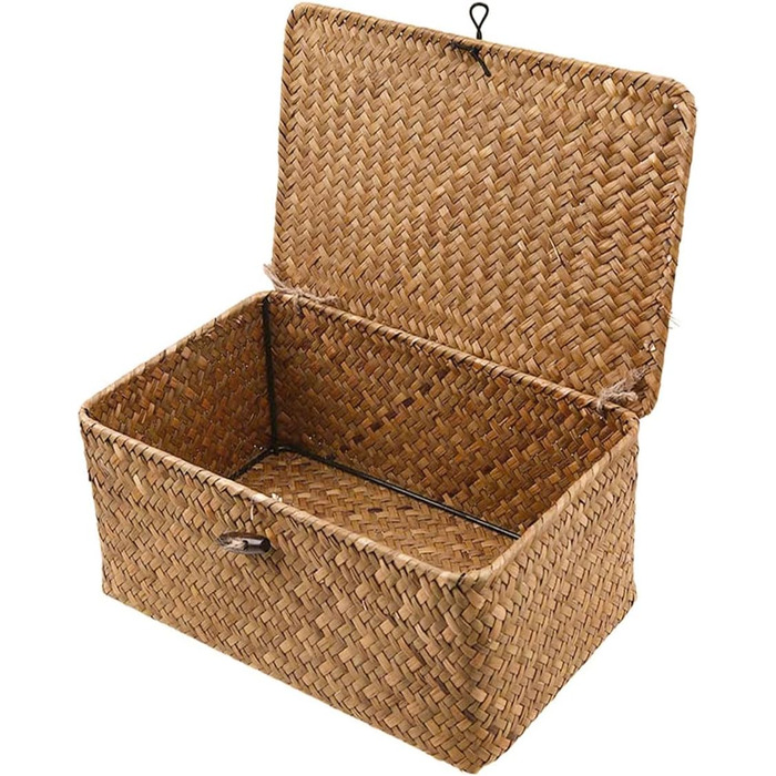Woven Rattan Storage Basket, Storage Box with Lid, Seagrass, Laundry Baskets, Makeup Organizer for Bathroom, Living Room, Kitchen (XL)