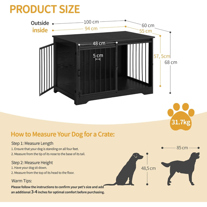 Клітка для собак Hzuaneri, 100 см, дерев'яна, з розсувними дверима, для дому, чорна (100 x 60 x 68 см)