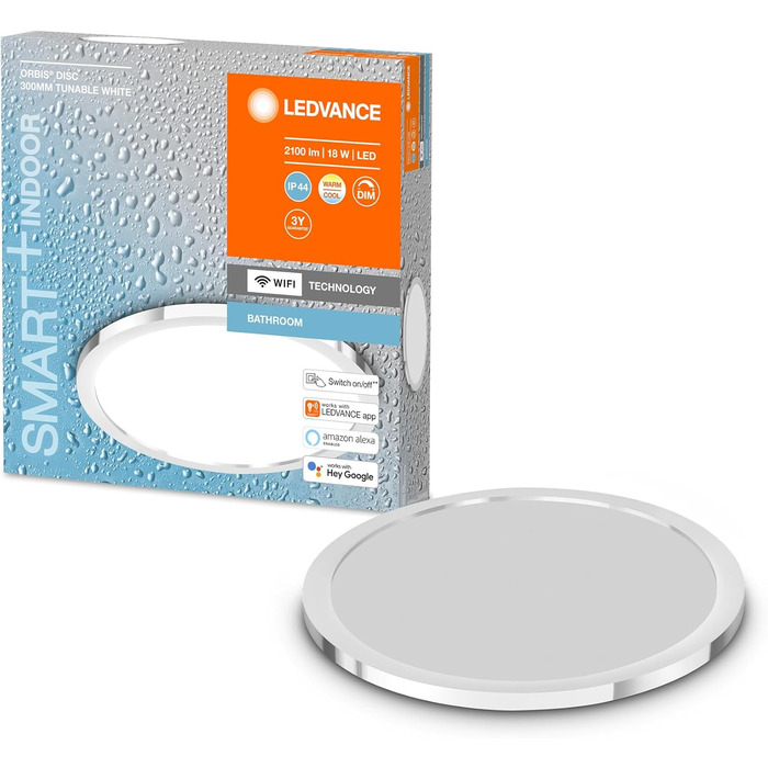 LEDVANCE Smart LED Bathroom Lamp white, 1200LM, 3000-6500K, 300mm x 70mm, IP44, Orbis Bath Bathroom Light with Wifi Technology, dimmable, controllable via app and voice assistants (Chrome, 30cm, Disc)