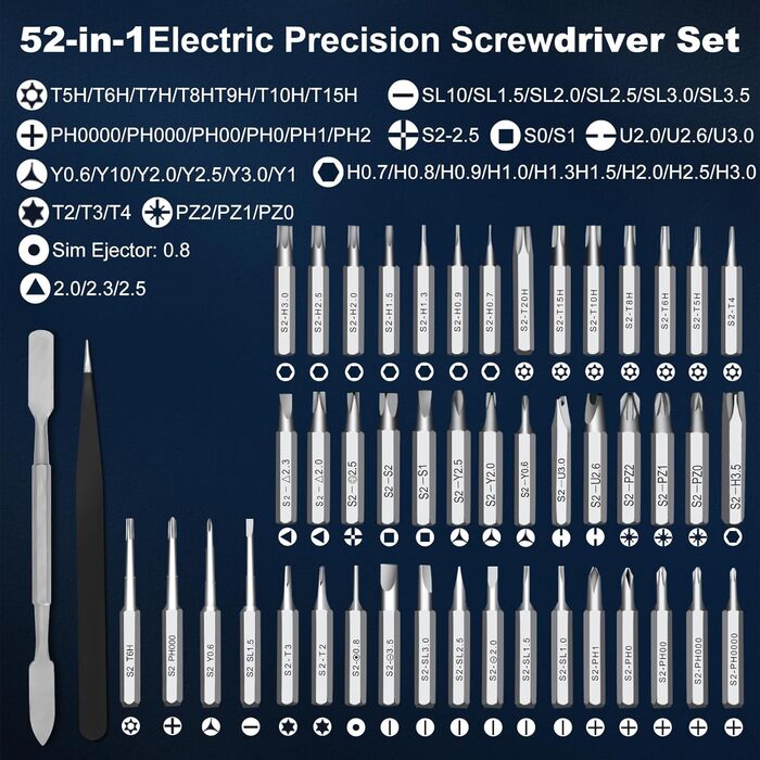 Набір інструментів для ювеліра та ремонту техніки Feinmechaniker, 52 в 1, з магнітним викруткою, 5 передач, регулювання моменту, для iPhone, iPad, Macbook, комп'ютерів, Switch, PS4, PS5, окулярів, годинників